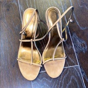 Tan suede JCrew T strap wedge sandals